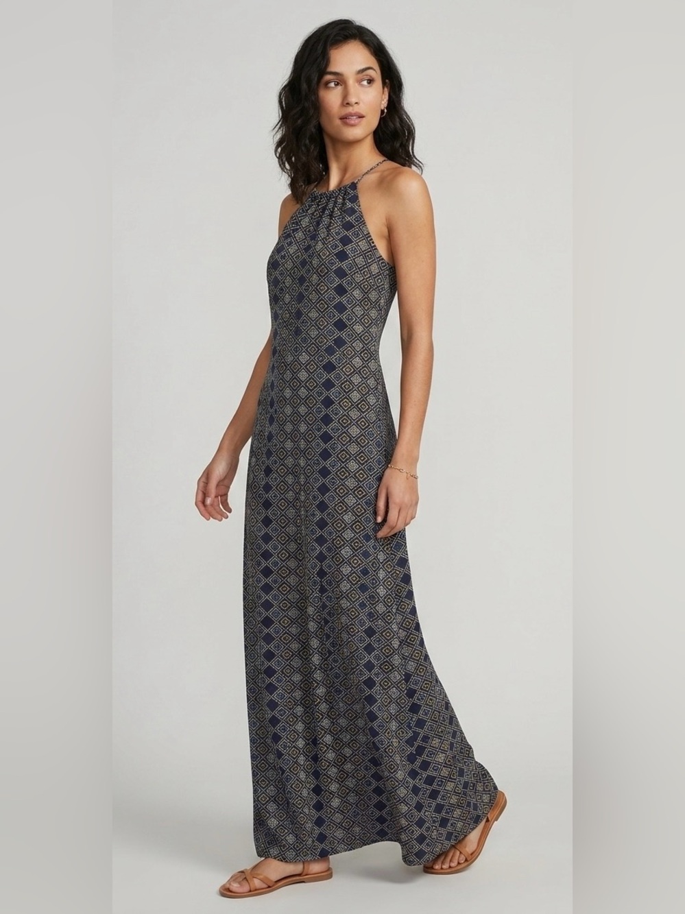 Adam Levine Collection Navy & Gold Diamond Halter Maxi Dress